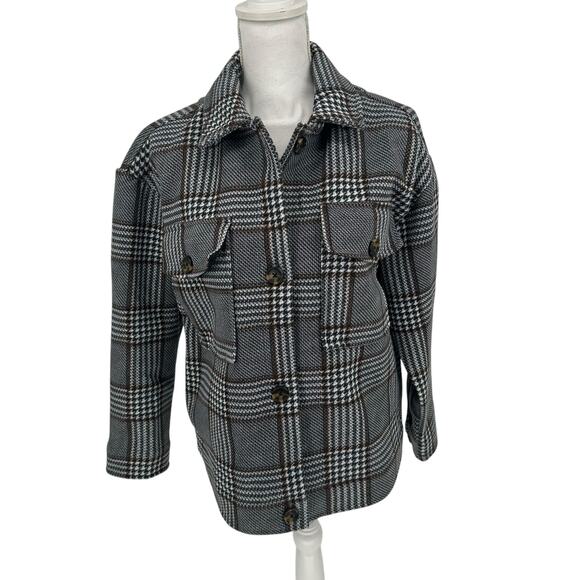 NWOT Black Tape_ White Blue Gray Plaid Trendy Button Front Jacket Sz Medium - Picture 1 of 9